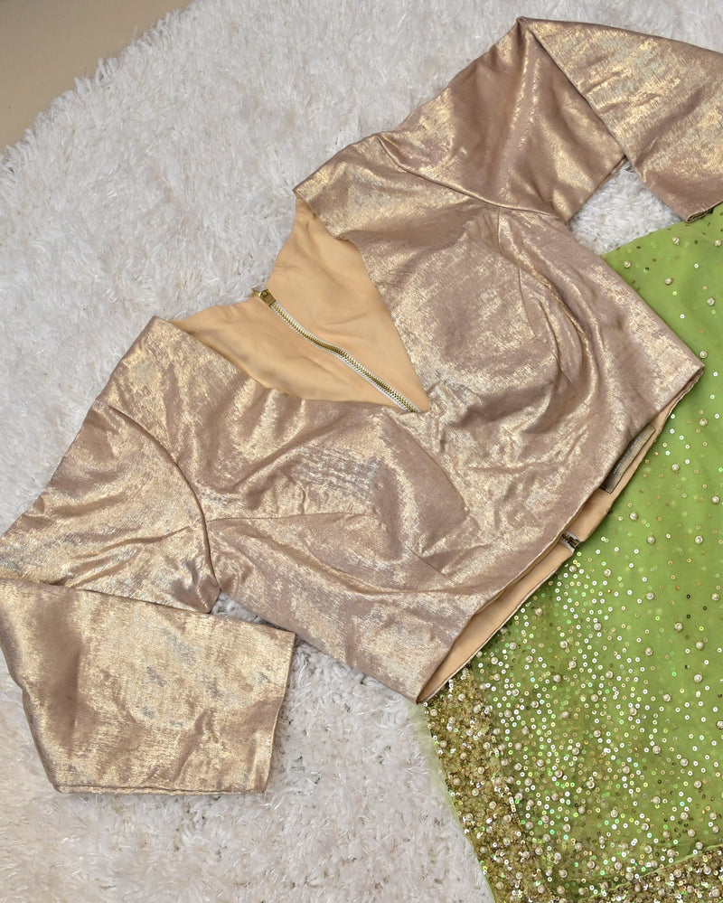 Prisha – Lime Green Net Saree with Gold Full-Sleeve Blouse