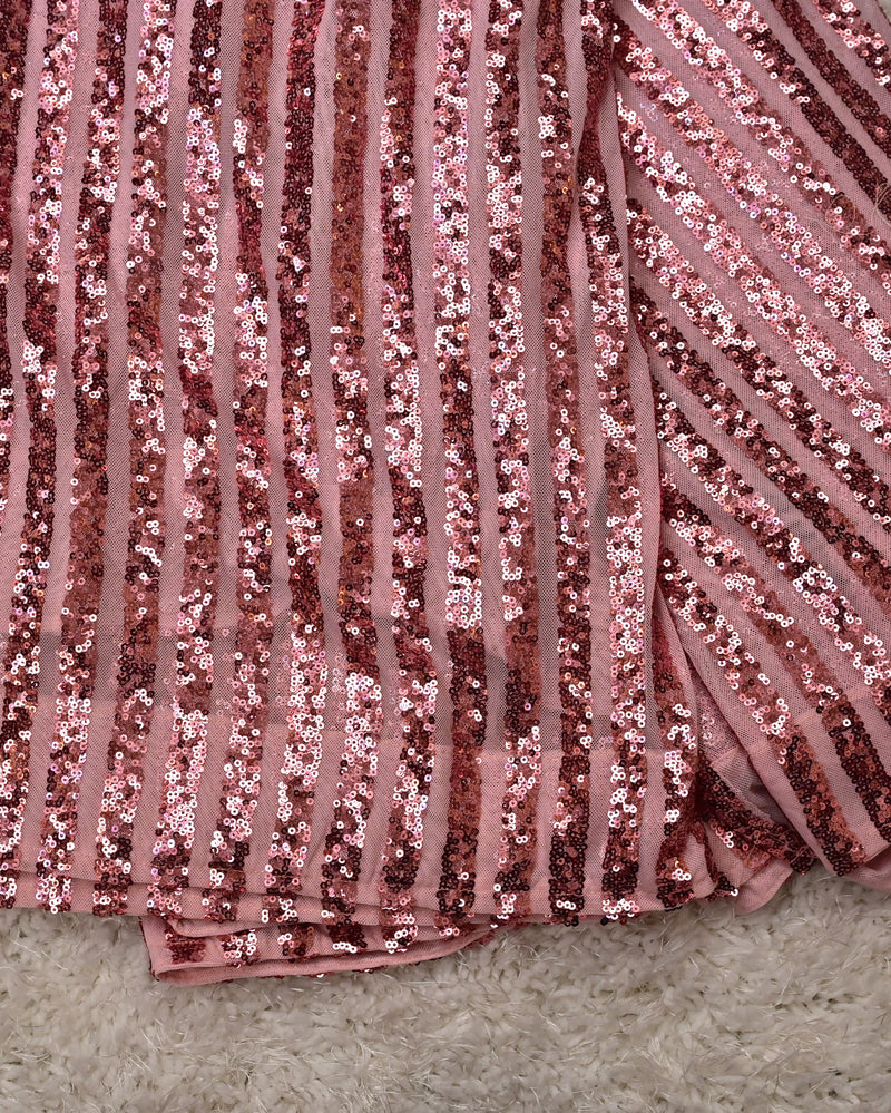 Saanvi – Pink Sequin Striped Net Saree