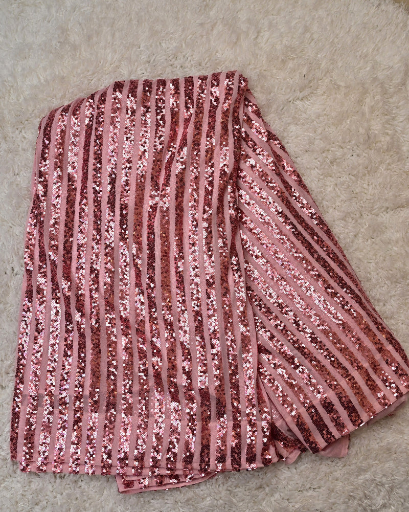 Saanvi – Pink Sequin Striped Net Saree