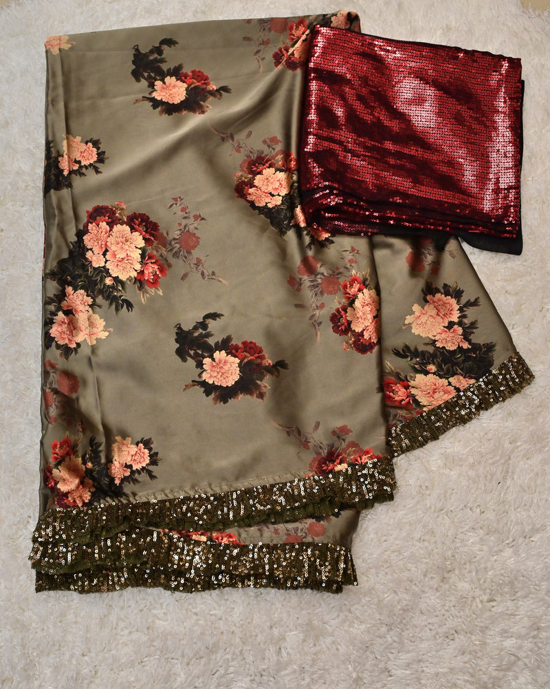 Vinni– Satin Saree with Ruffled Border and Contrast Sequin Blouse