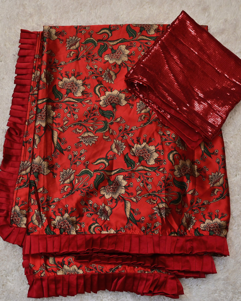 Mannu – Maroon Satin Saree with Ruffle Border and Sequin Blouse