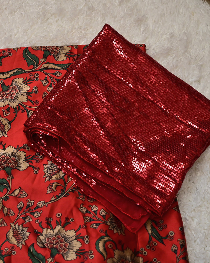 Mannu – Maroon Satin Saree with Ruffle Border and Sequin Blouse