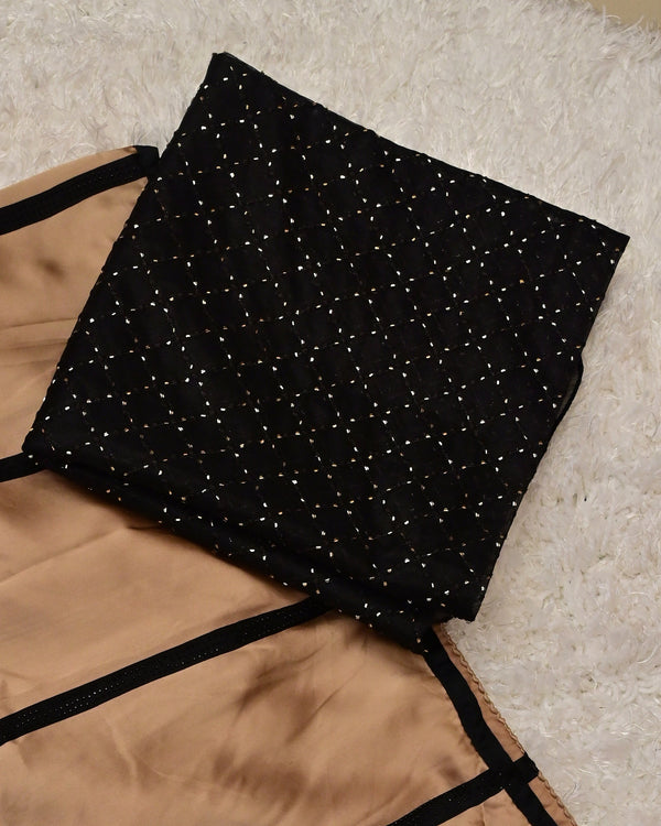 Noma– Gold Satin Saree with Black Accents and Contrast Blouse