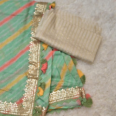 Omna – Striped Crepe Saree in Green with Ivory Blouse