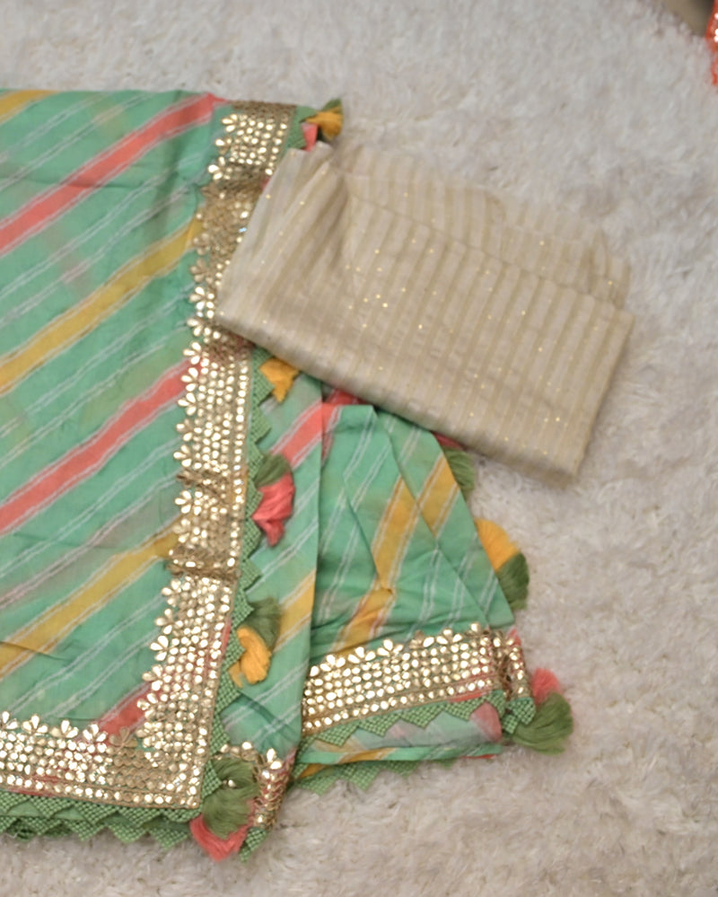 Omna – Striped Crepe Saree in Green with Ivory Blouse