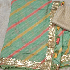 Omna – Striped Crepe Saree in Green with Ivory Blouse