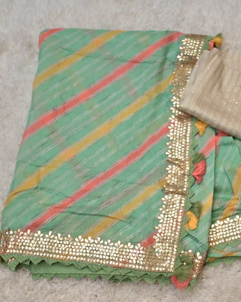 Omna – Striped Crepe Saree in Green with Ivory Blouse