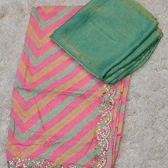 Merupu – Pink Crepe Saree with Green Space Silk Blouse