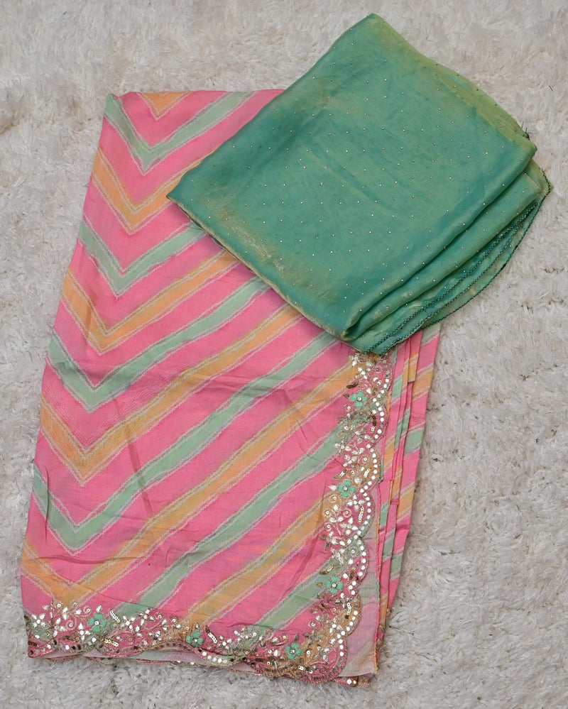 Merupu – Pink Crepe Saree with Green Space Silk Blouse