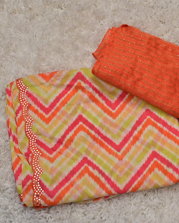 Tevini – Vibrant Crepe Saree with Orange Striped Blouse