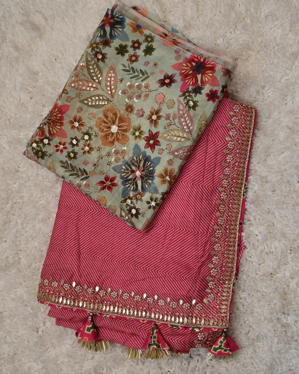 Vairi– Crepe Saree in Rose Pink with Embroidered Statement Blouse