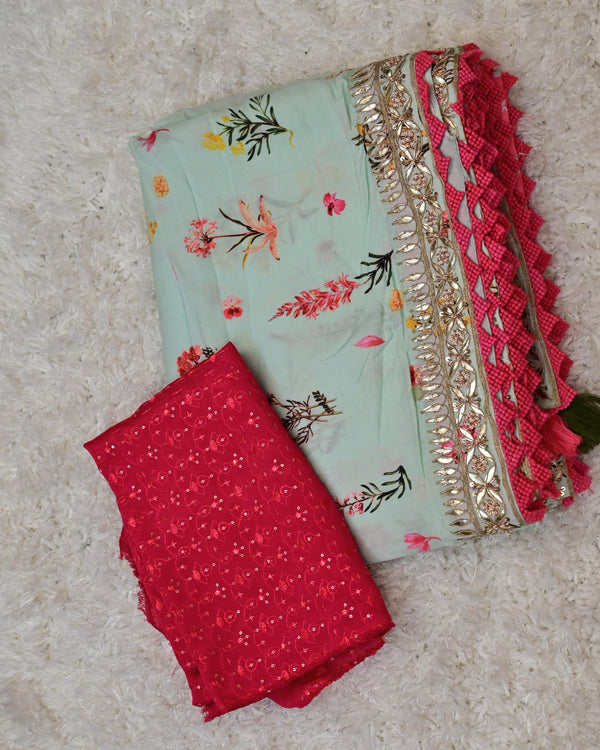 Anvila – Mint Green Crepe Saree with Floral Prints and Red Embroidered Blouse