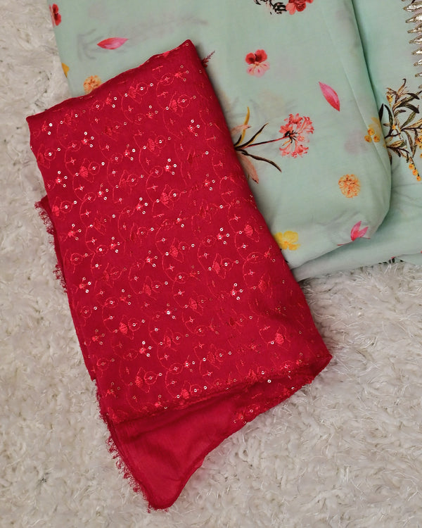 Anvila – Mint Green Crepe Saree with Floral Prints and Red Embroidered Blouse