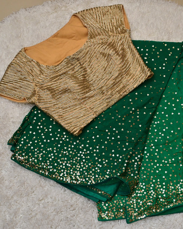 Sitara-Emerald Green Pure Crepe Saree with Gold Blouse (Size 36)