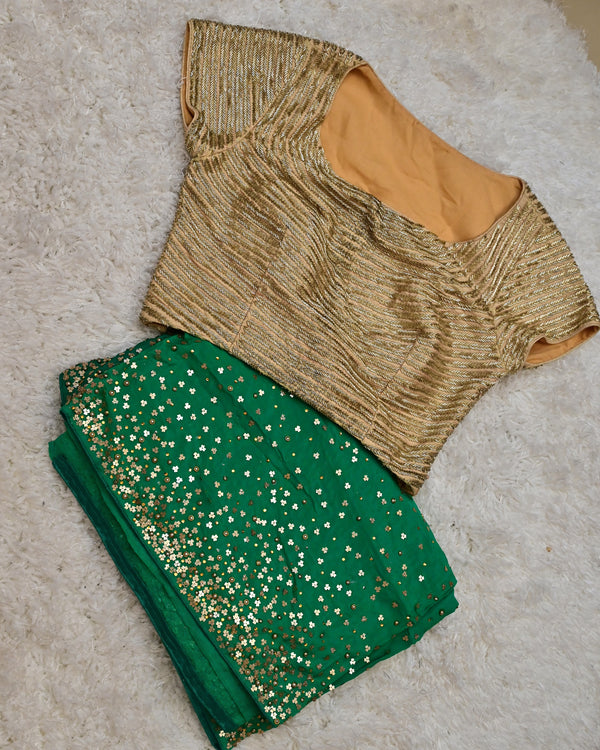 Sitara-Emerald Green Pure Crepe Saree with Gold Blouse (Size 36)