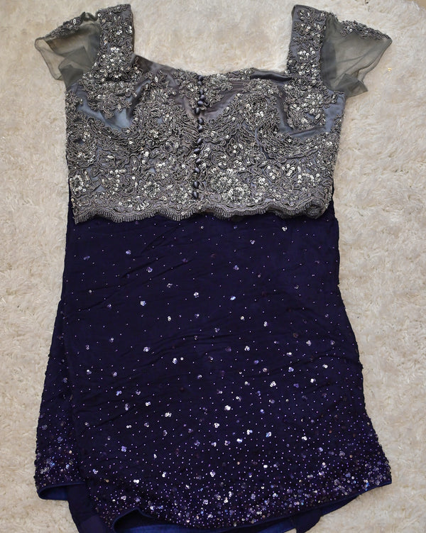 Navni-Midnight Blue Pure Crepe Saree with Silver Embroidered Blouse (Size 34–36