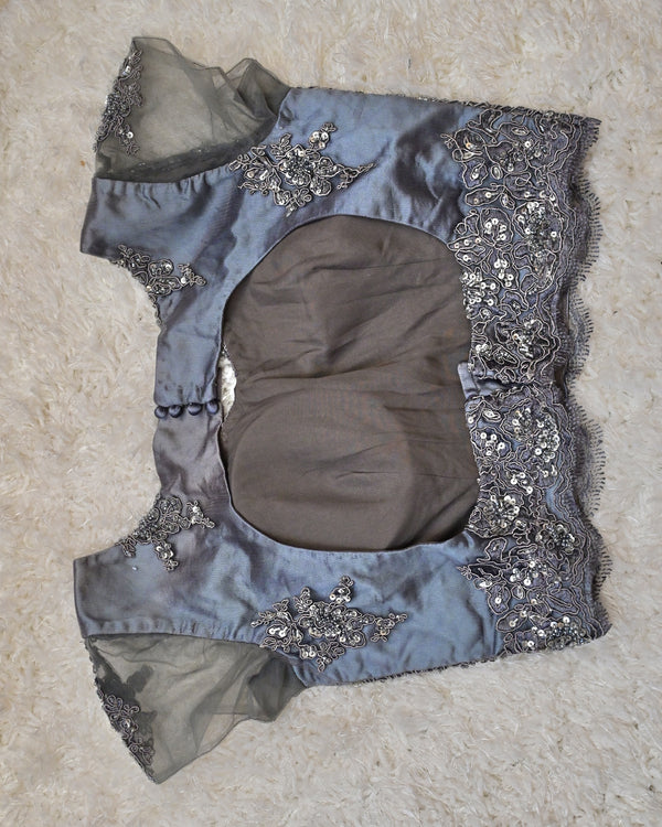 Navni-Midnight Blue Pure Crepe Saree with Silver Embroidered Blouse (Size 34–36