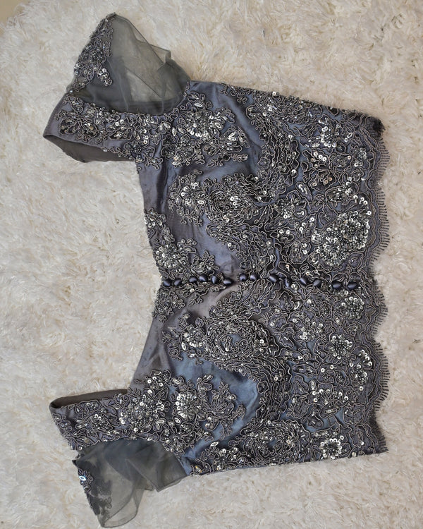 Navni-Midnight Blue Pure Crepe Saree with Silver Embroidered Blouse (Size 34–36