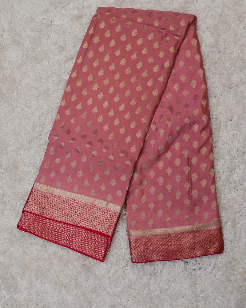 Jaanu-Blush Pink Pure Crepe Saree with Rich Red Pallu & Contrast Blouse