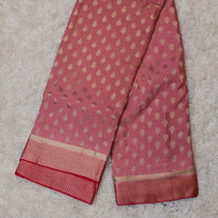 Jaanu-Blush Pink Pure Crepe Saree with Rich Red Pallu & Contrast Blouse