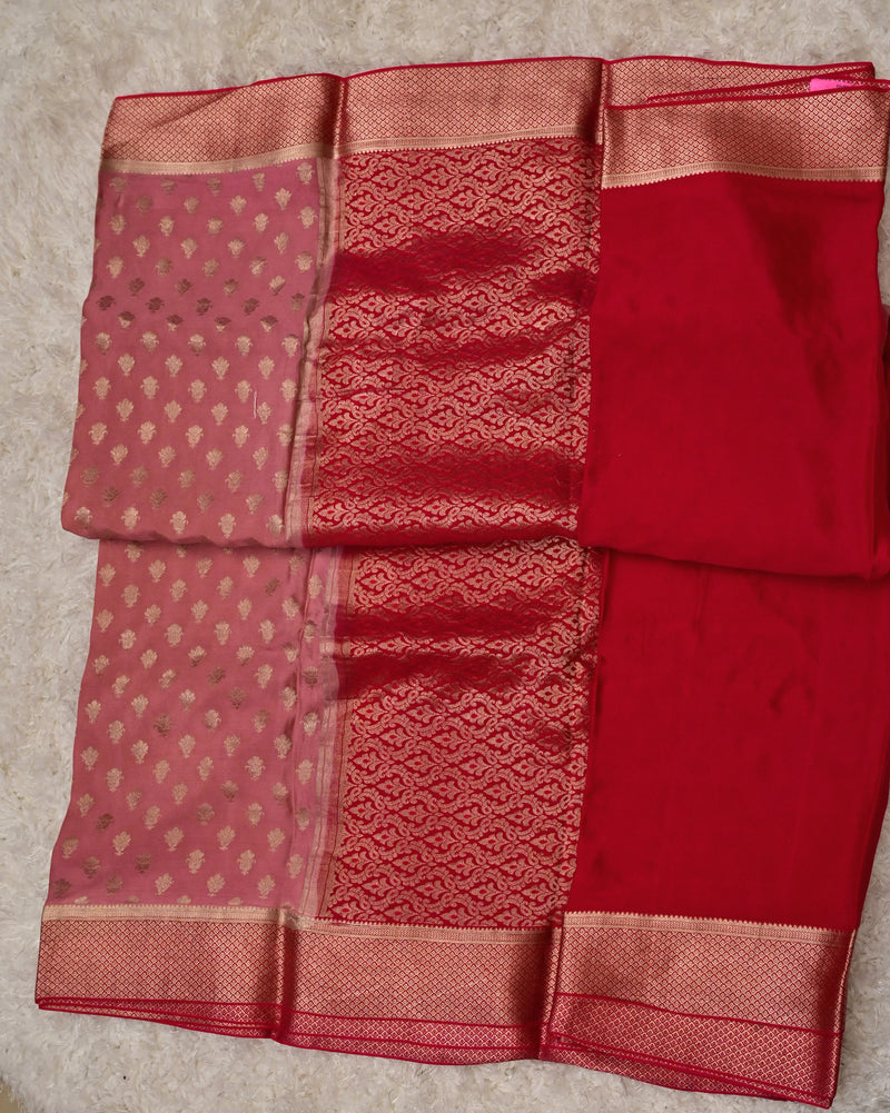 Jaanu-Blush Pink Pure Crepe Saree with Rich Red Pallu & Contrast Blouse