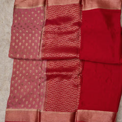 Jaanu-Blush Pink Pure Crepe Saree with Rich Red Pallu & Contrast Blouse