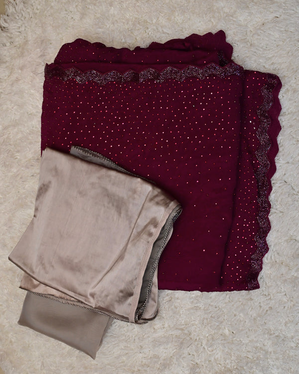 Milvi-Pure Crepe Saree in Wine with Champagne Blouse