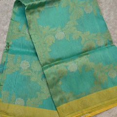 Mirwa-Pure Benaras Kora Saree in Aqua Green with Yellow Contrast