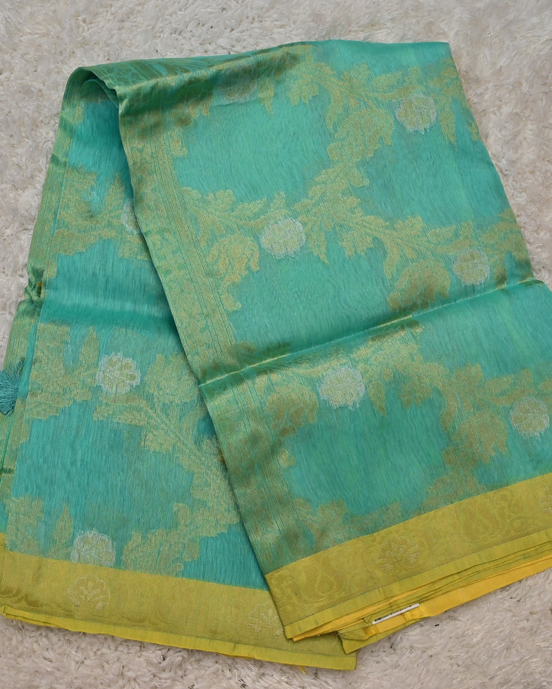 Mirwa-Pure Benaras Kora Saree in Aqua Green with Yellow Contrast