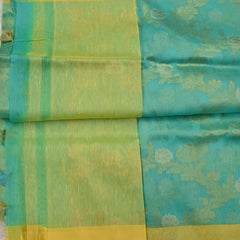 Mirwa-Pure Benaras Kora Saree in Aqua Green with Yellow Contrast