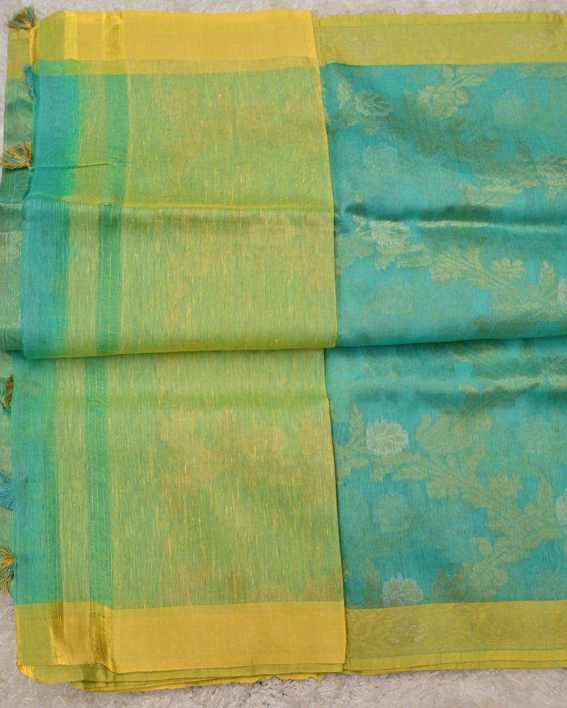 Mirwa-Pure Benaras Kora Saree in Aqua Green with Yellow Contrast