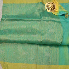Mirwa-Pure Benaras Kora Saree in Aqua Green with Yellow Contrast