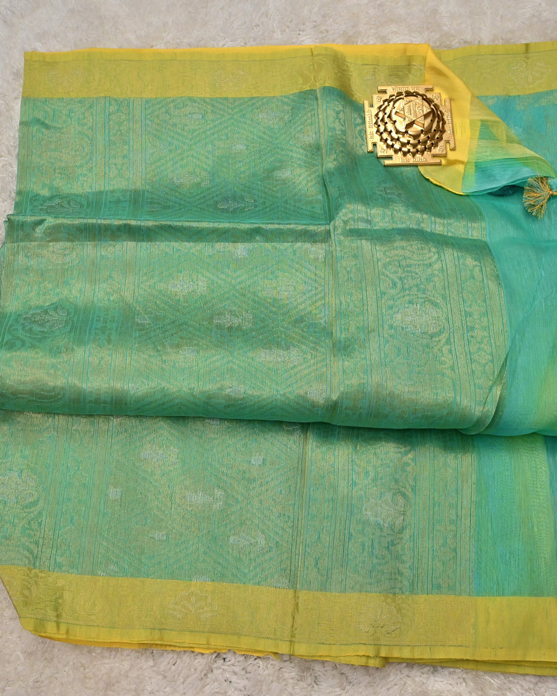 Mirwa-Pure Benaras Kora Saree in Aqua Green with Yellow Contrast