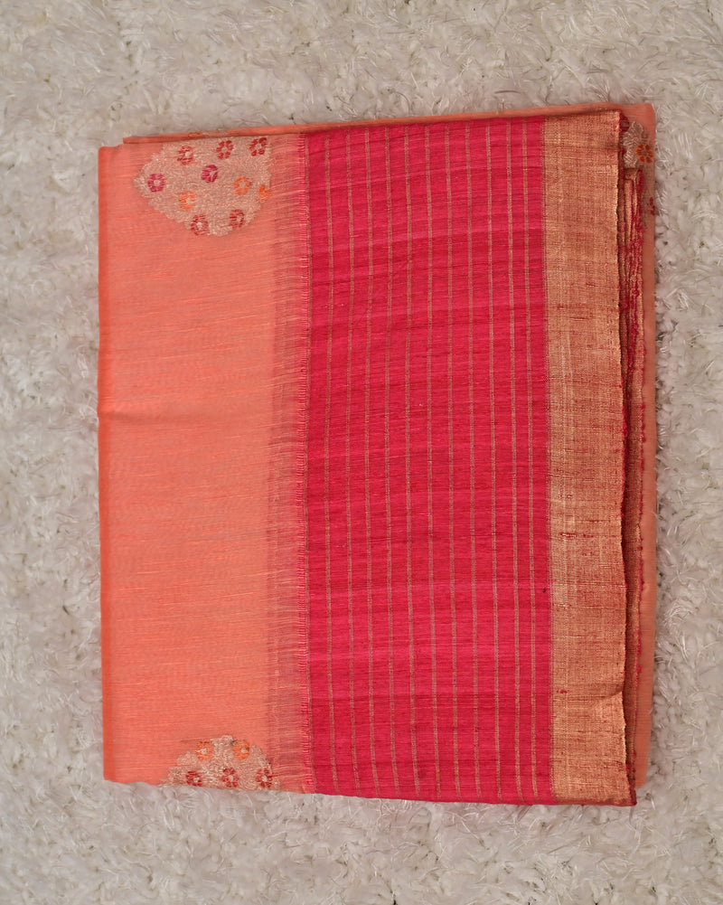 Divya-Pure Benaras Kora Saree in Peach with Pink Contrast Pallu