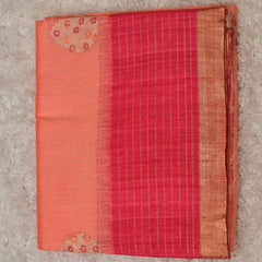 Divya-Pure Benaras Kora Saree in Peach with Pink Contrast Pallu
