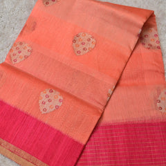 Divya-Pure Benaras Kora Saree in Peach with Pink Contrast Pallu