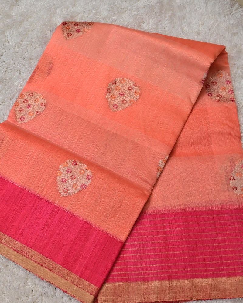 Divya-Pure Benaras Kora Saree in Peach with Pink Contrast Pallu