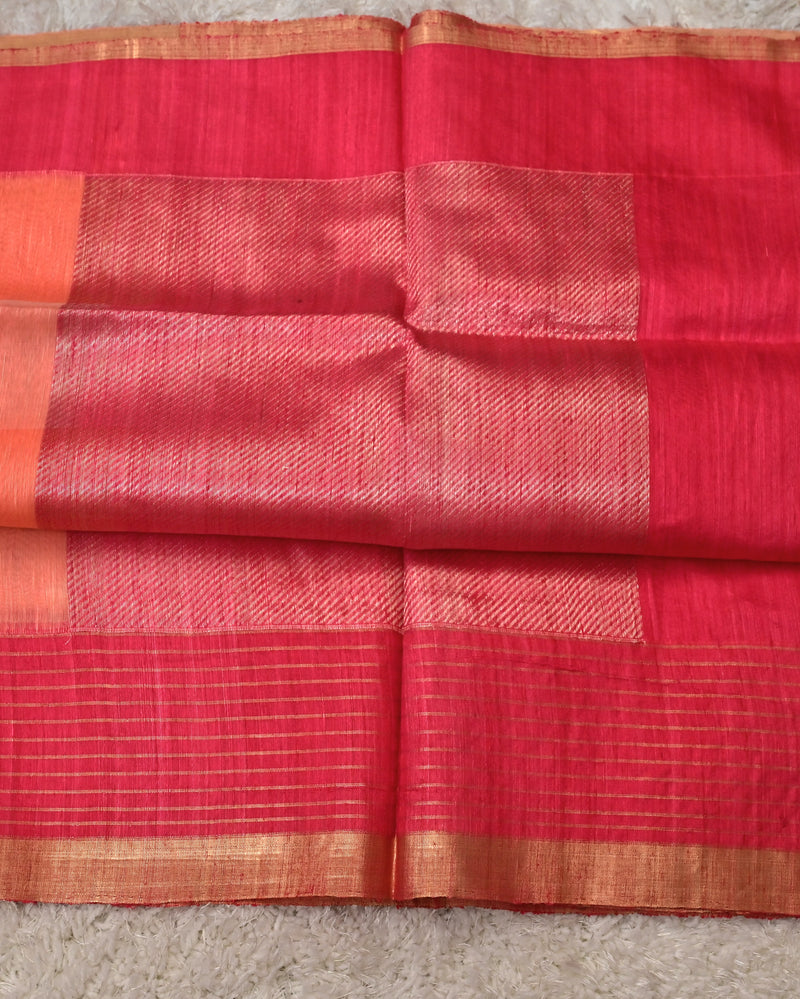 Divya-Pure Benaras Kora Saree in Peach with Pink Contrast Pallu