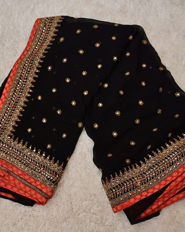 Kamya-Black Georgette Saree with Hand Work & Pure Kota Blouse