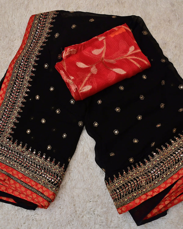 Kamya-Black Georgette Saree with Hand Work & Pure Kota Blouse
