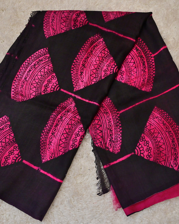 Jhumka-Pure Silk Black Saree with Pink Motifs & Contrast Blouse