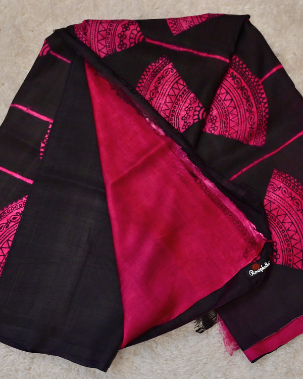 Jhumka-Pure Silk Black Saree with Pink Motifs & Contrast Blouse