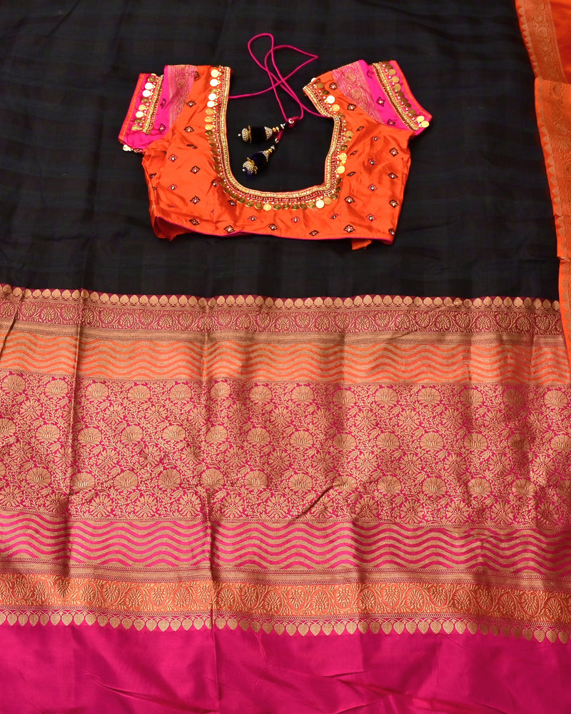 Gaamini-Black Pure Benaras Kora Silk Saree with Hand-Embroidered Blouse