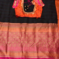 Gaamini-Black Pure Benaras Kora Silk Saree with Hand-Embroidered Blouse
