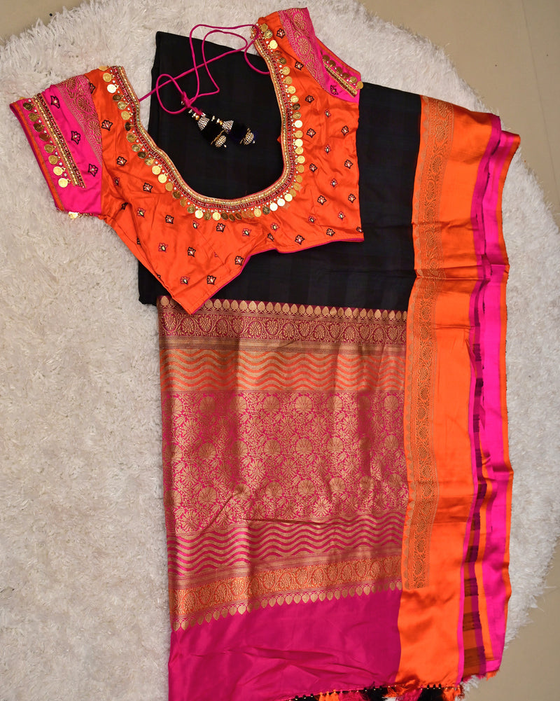 Gaamini-Black Pure Benaras Kora Silk Saree with Hand-Embroidered Blouse