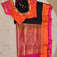 Gaamini-Black Pure Benaras Kora Silk Saree with Hand-Embroidered Blouse