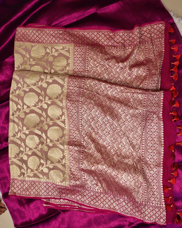 Premya– Pure Georgette Saree in Beige with Magenta Contrast