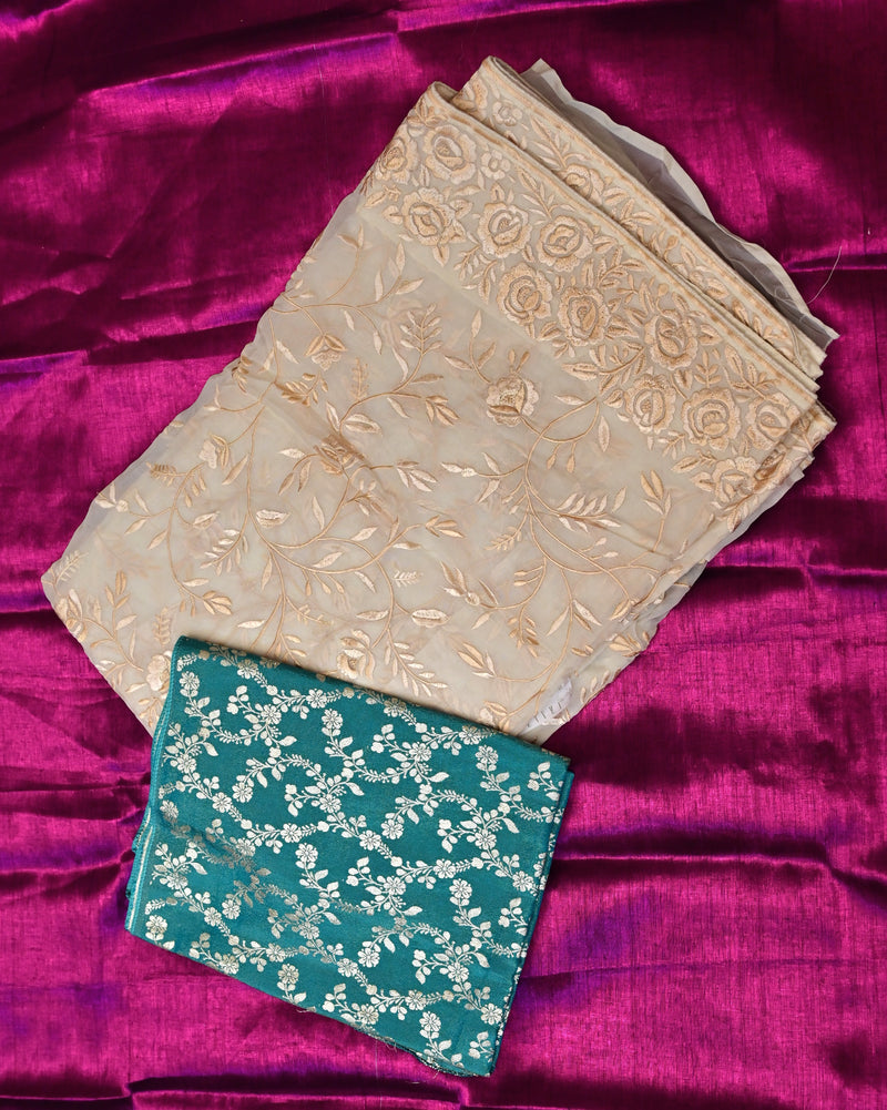 Amarvi– Pure Organza Saree in Ivory with Benarasi Green Blouse