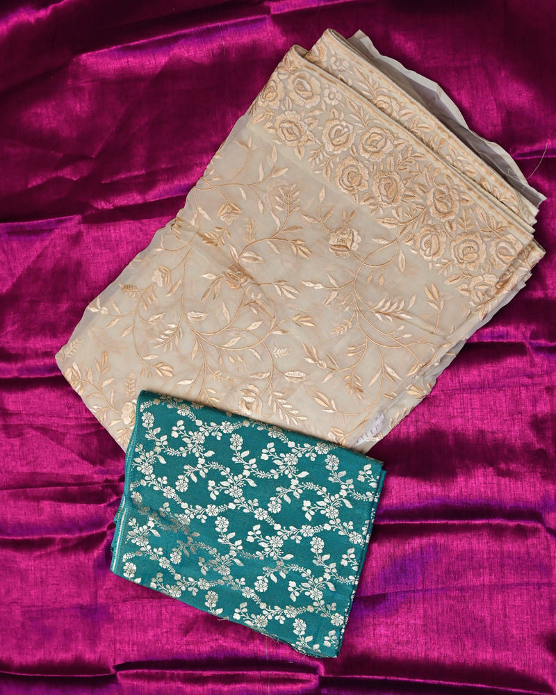 Amarvi– Pure Organza Saree in Ivory with Benarasi Green Blouse