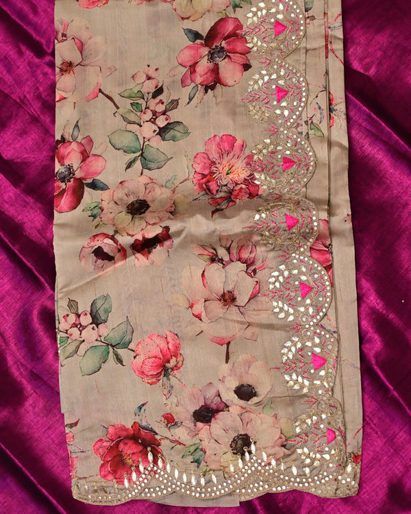Nimra – Pure Tussar Saree in Beige with Floral Prints and Hand Embellished Border